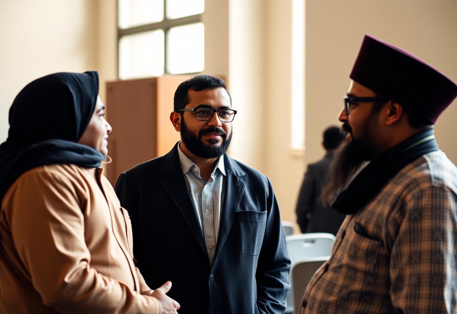 Three diaspora men in conversation in a community space
